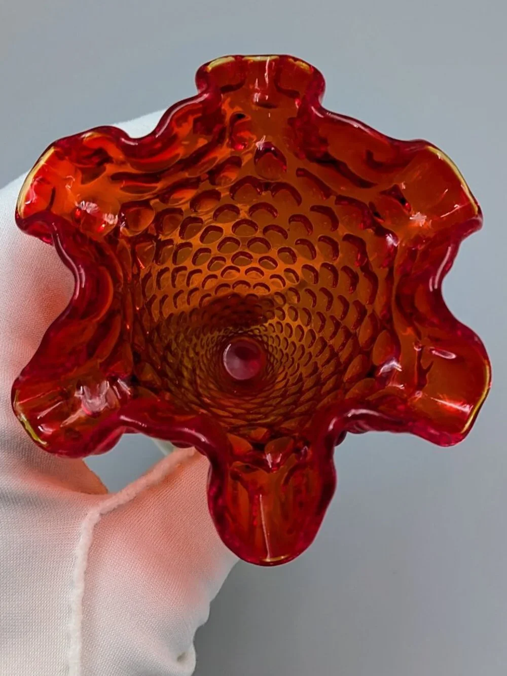 Vintage Fenton Amberina Hobnail Glass Mini Trumpet Vase  with Original Label